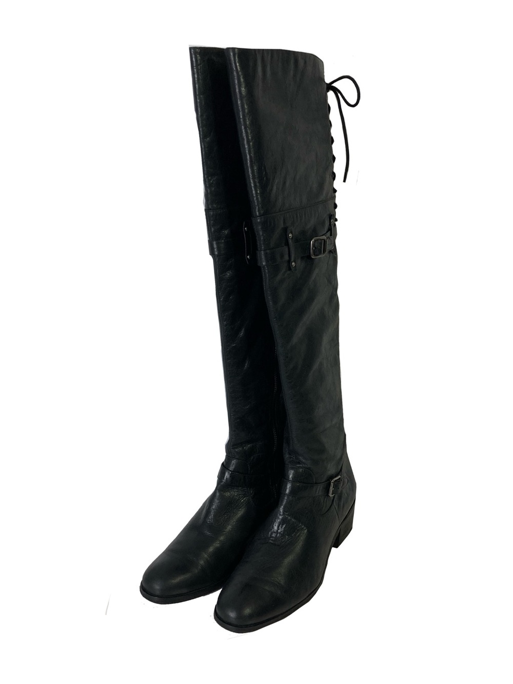 POUR LA VICTOIRE Boots Women 7 Black Leather High-Knee Straps Buckle Lace-Up
